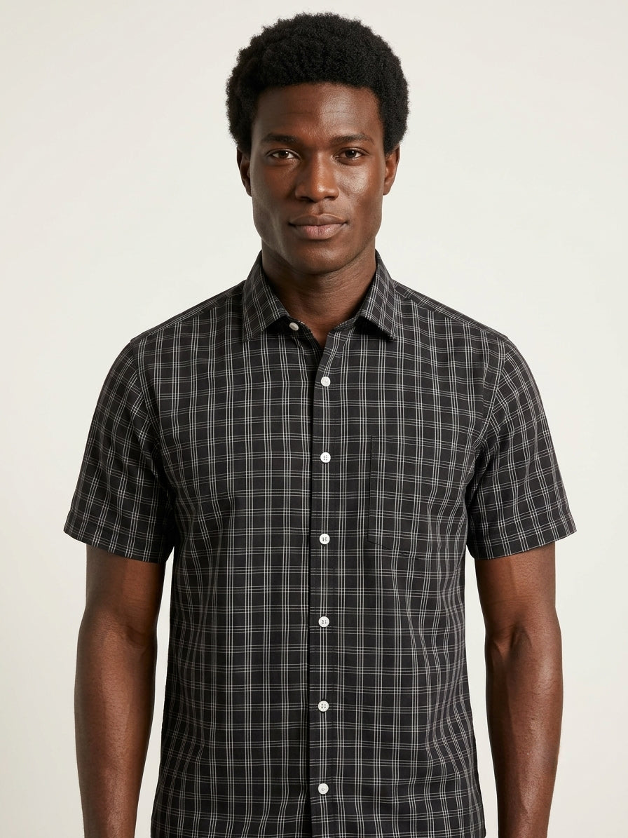 Black Check Cotton Blend Regular Fit Half Sleeve Shirt