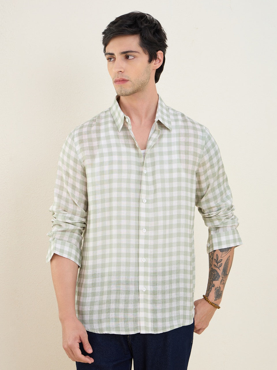 Men's Sage Green Pure Linen Gingham Check Slim Fit Casual Shirt | MARK & ALBERT
