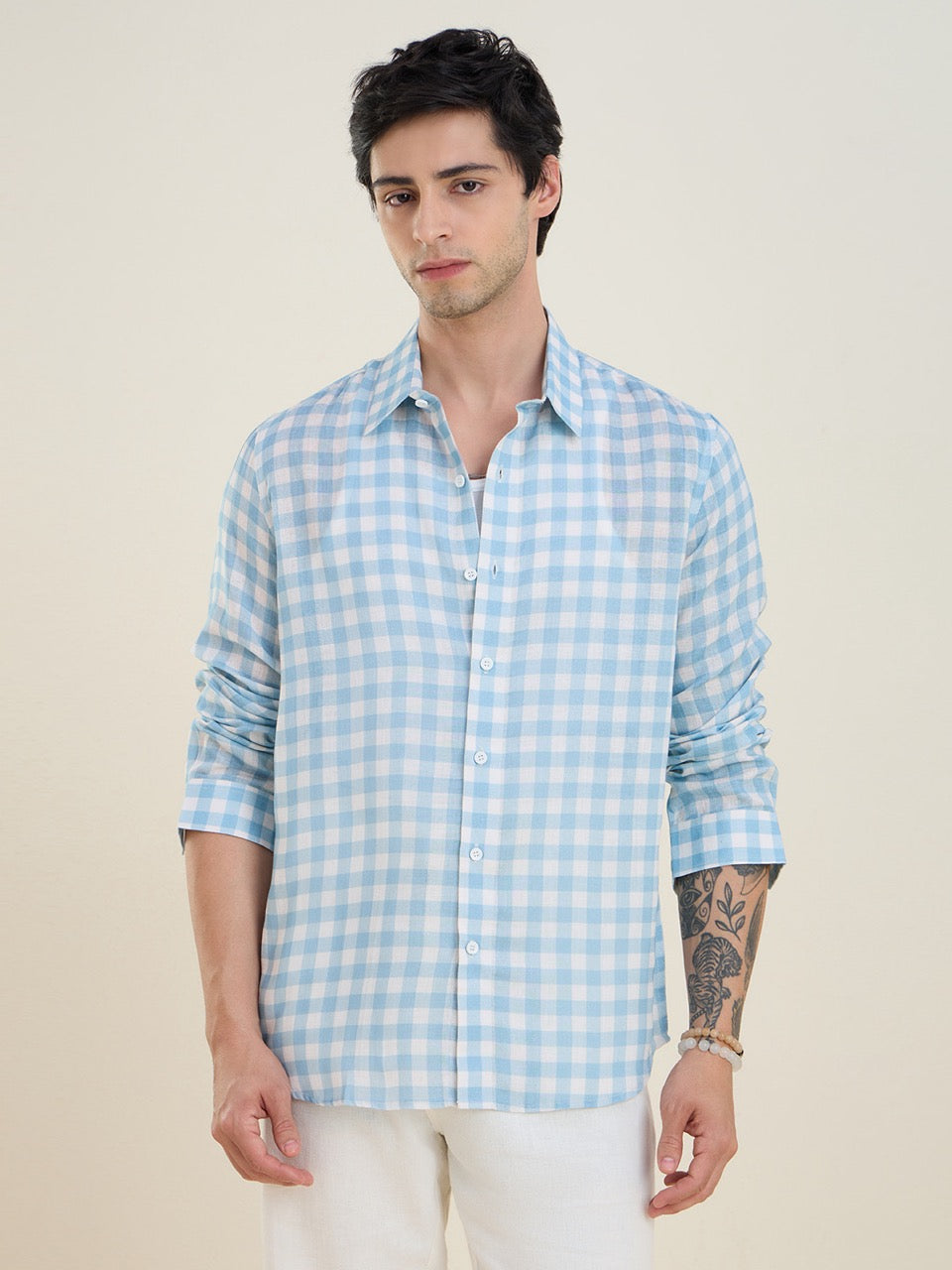 Men's Blue Pure Linen Gingham Check Slim Fit Casual Shirt | MARK & ALBERT