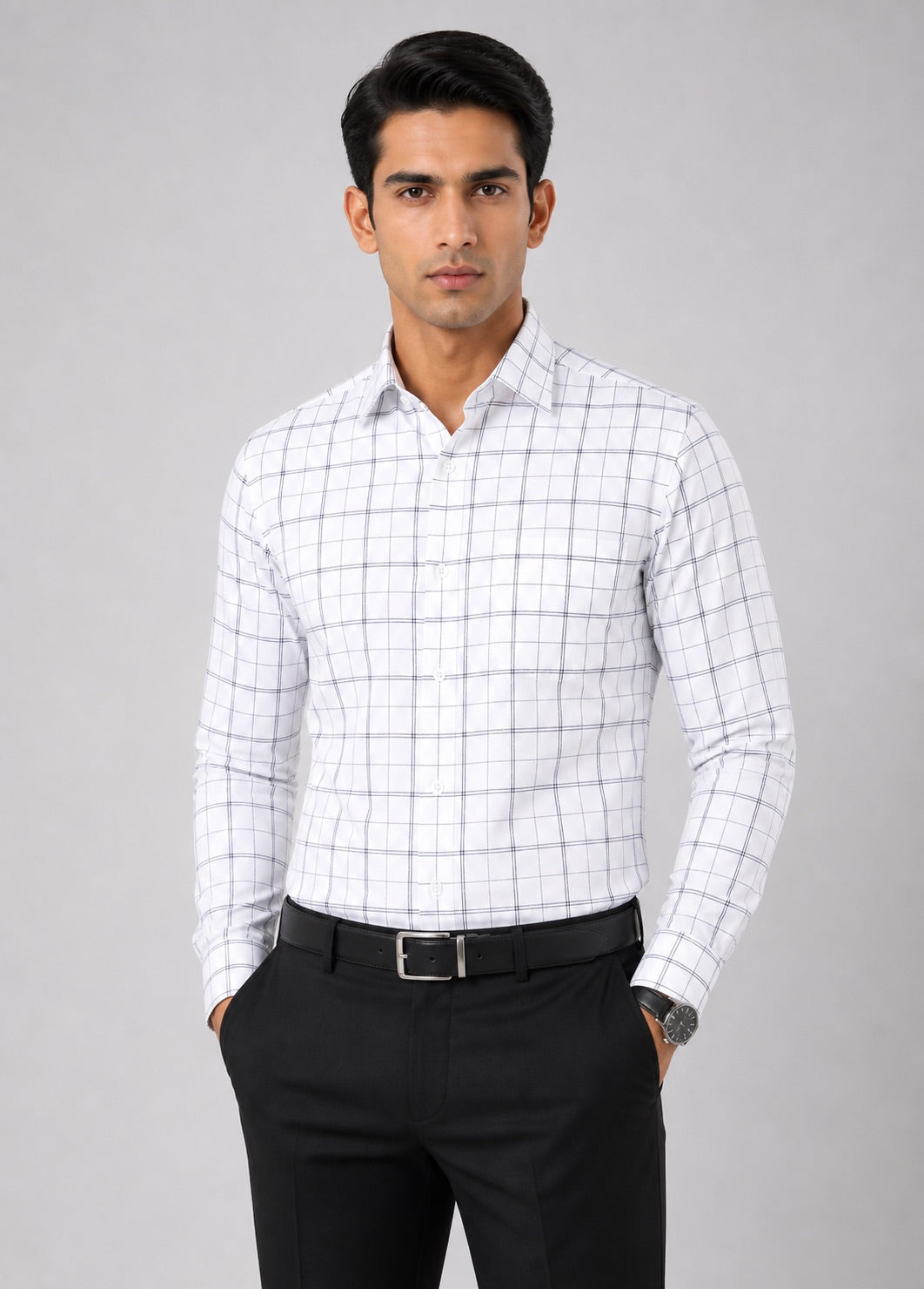 Men’s White Checkered 100% Cotton Slim Fit Formal Shirt | MARK & ALBERT