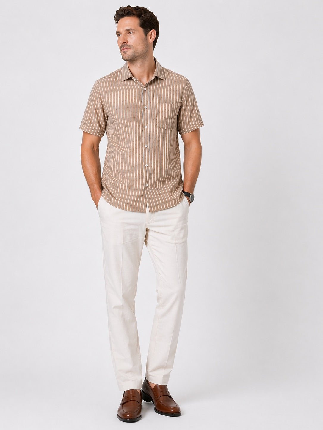 Men’s Brown Striped Shirt Linen Cotton Blend Slim Fit Semi Casual Half Sleeve Shirt | MARK & ALBERT