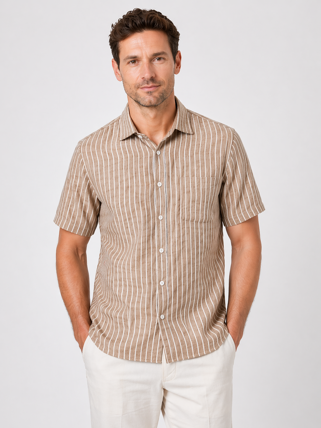 Men’s Brown Striped Shirt Linen Cotton Blend Slim Fit Semi Casual Half Sleeve Shirt | MARK & ALBERT