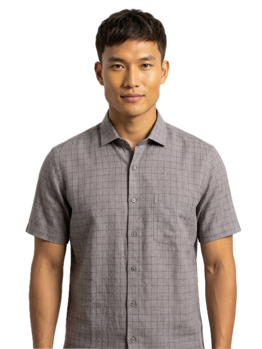 Grey Cotton Linen Regular Fit Half Sleeve Shirt