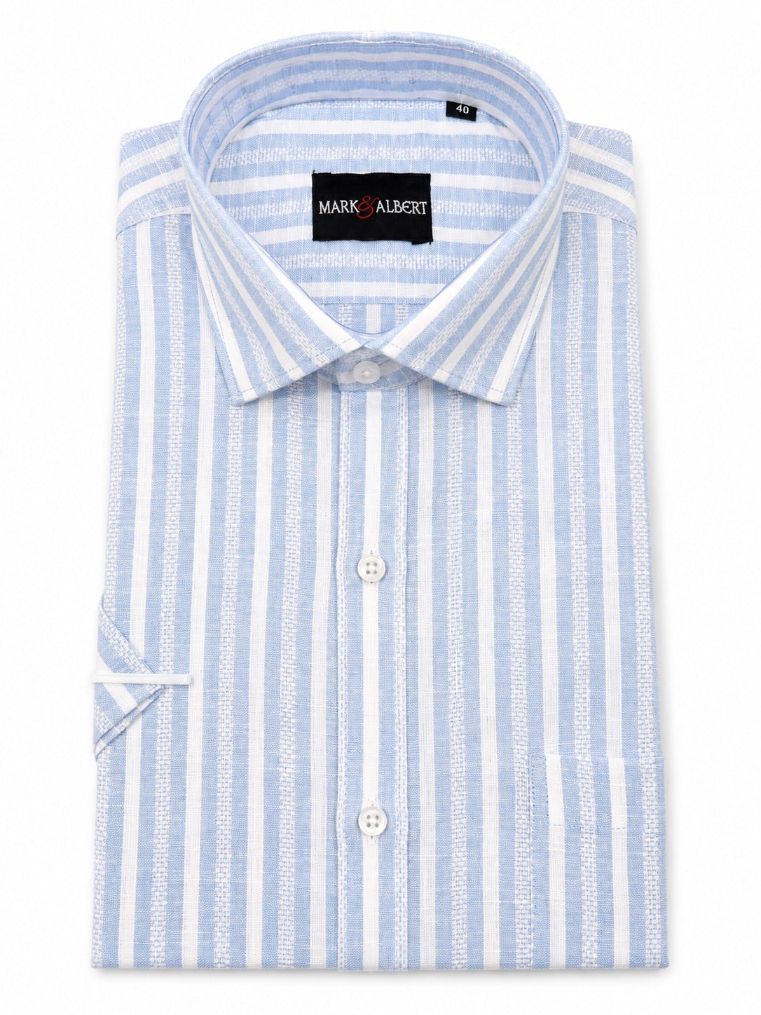 Men's Blue Striped Linen Cotton Blend Half Sleeve Formal Shirt | Regular Fit