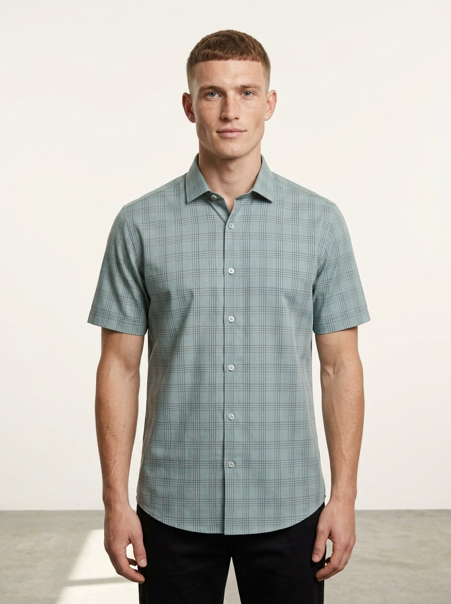 Green Check Cotton Blend Regular Fit Half Sleeve Shirt