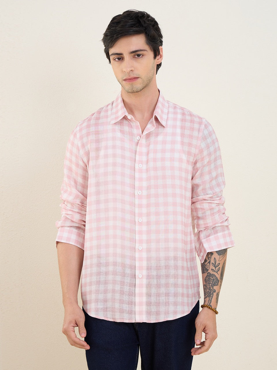 Men's Pink Check Pure Linen Slim Fit Casual Shirt | MARK & ALBERT