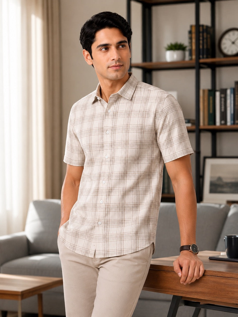 Men's Cream Check Cotton Regular Fit Half Sleeve Formal Shirt | MARK & ALBERT