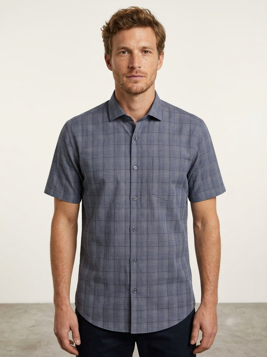 Blue Check Cotton Blend Regular Fit Half Sleeve Shirt