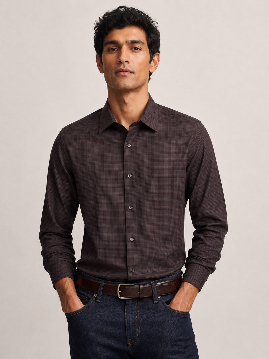 Men's Brown Checkered Slim Fit 100% Cotton Shirt | MARK & ALBERT