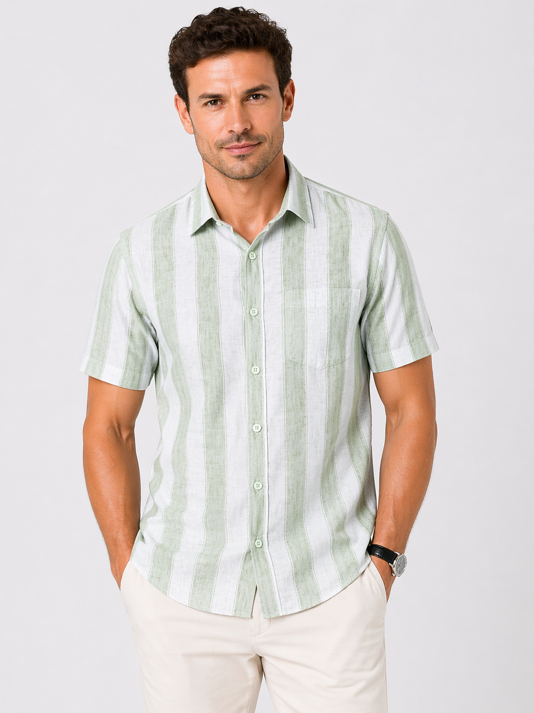 Men’s Sage Green Striped Linen Cotton Slim Fit Half Sleeve Semi Casual Shirt | MARK & ALBERT