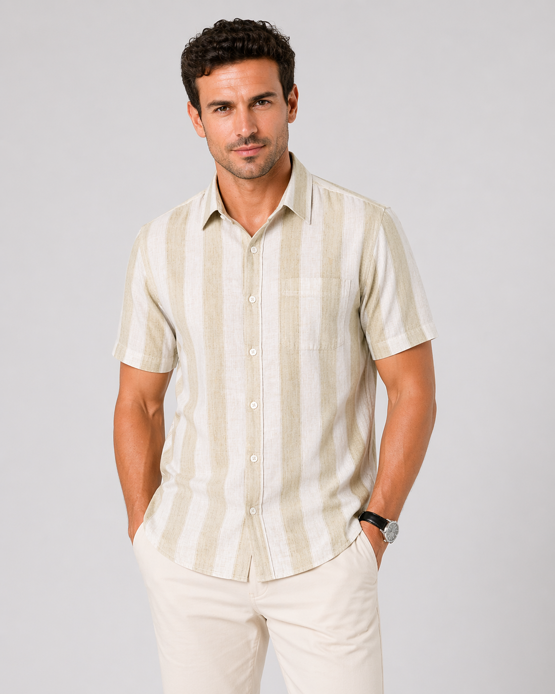 Men’s Beige Striped Linen Cotton Slim Fit Half Sleeve Semi Casual Shirt | MARK & ALBERT