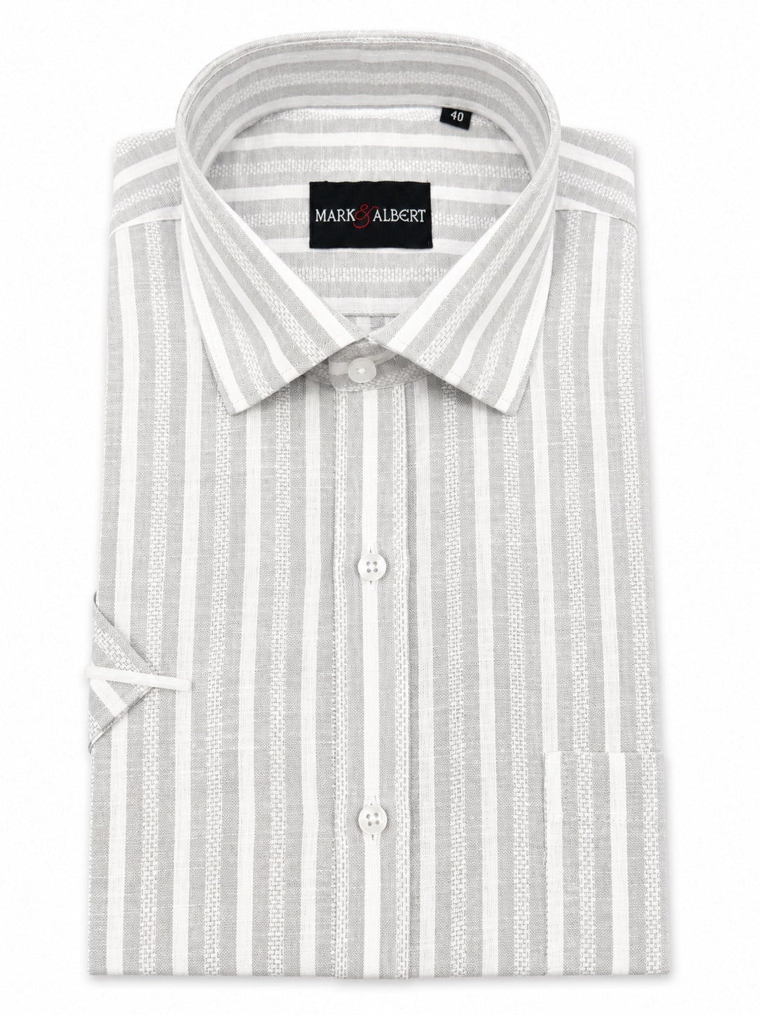 Men's Grey Striped Linen Cotton Blend Half Sleeve Formal Shirt | MARK & ALBERT