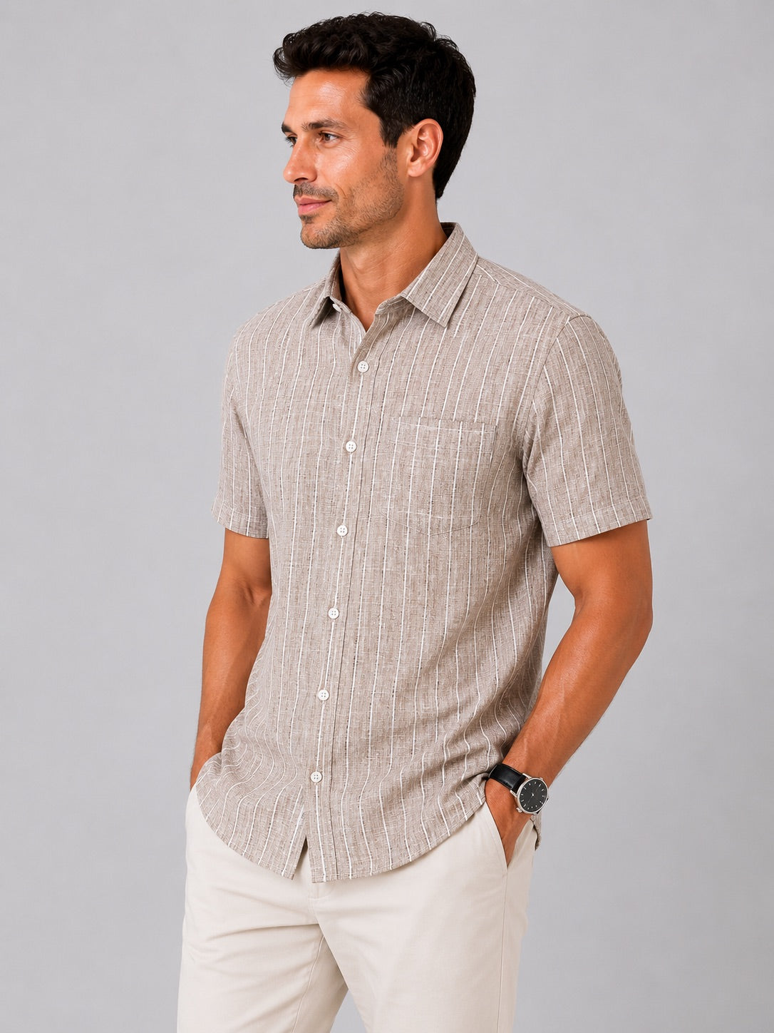 Men's Beige Striped Linen Cotton Blend Half Sleeve Formal Shirt | MARK & ALBERT