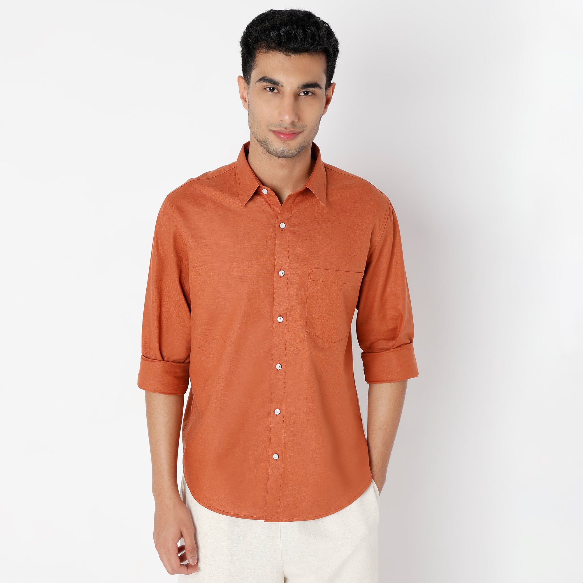 Men's Rust Linen Casual Shirt