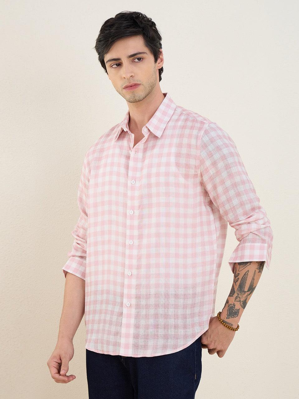 Men's Pink Check Pure Linen Slim Fit Casual Shirt | MARK & ALBERT