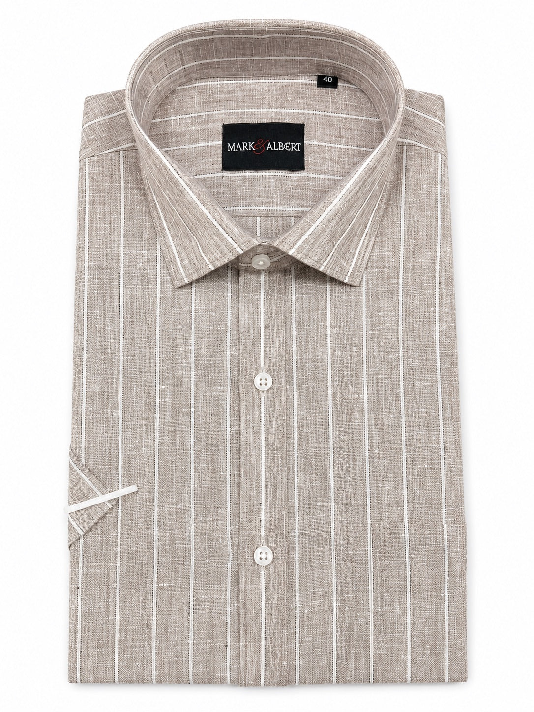 Men's Beige Striped Linen Cotton Blend Half Sleeve Formal Shirt | MARK & ALBERT