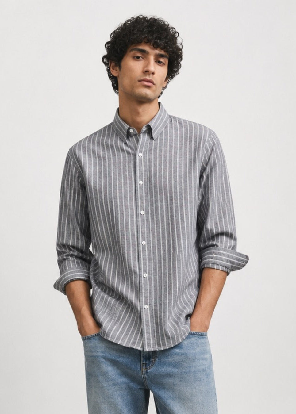 Men's Grey Striped Cotton Linen Slim Fit Shirt | Mark & Albert