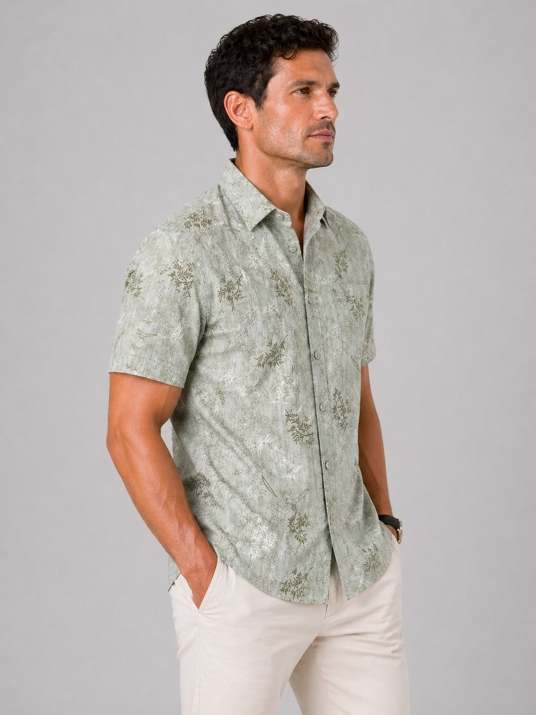Men’s Sage Green Printed Cotton Linen Slim Fit Half Sleeve Casual Shirt | MARK & ALBERT