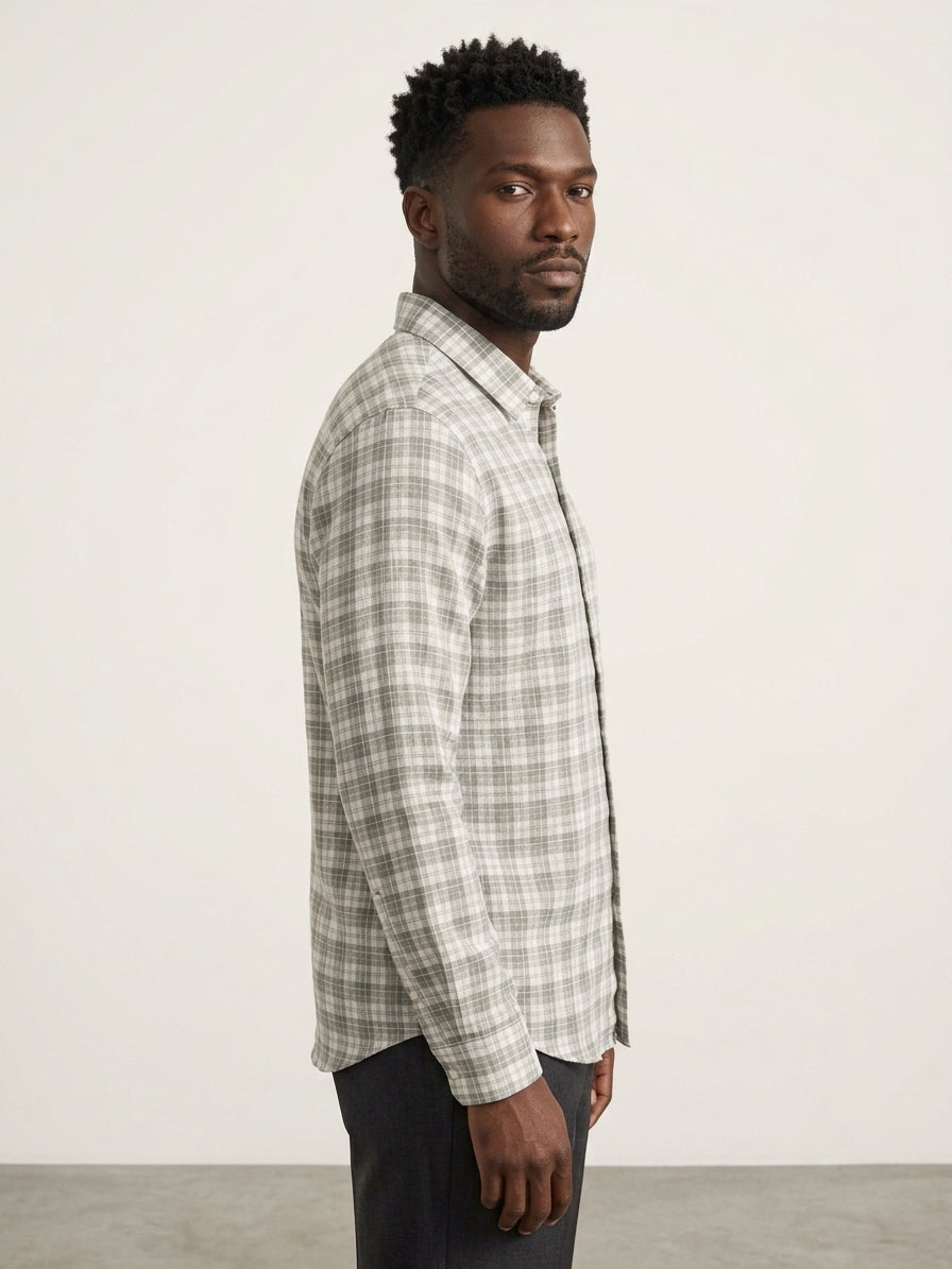Green Checks Cotton Linen Slim Fit Casual Shirt