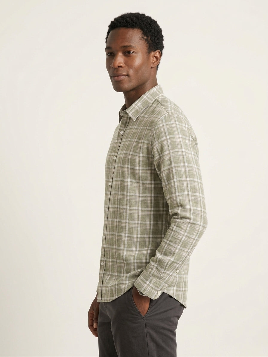 Green Checks Cotton Linen Slim Fit Casual Shirt