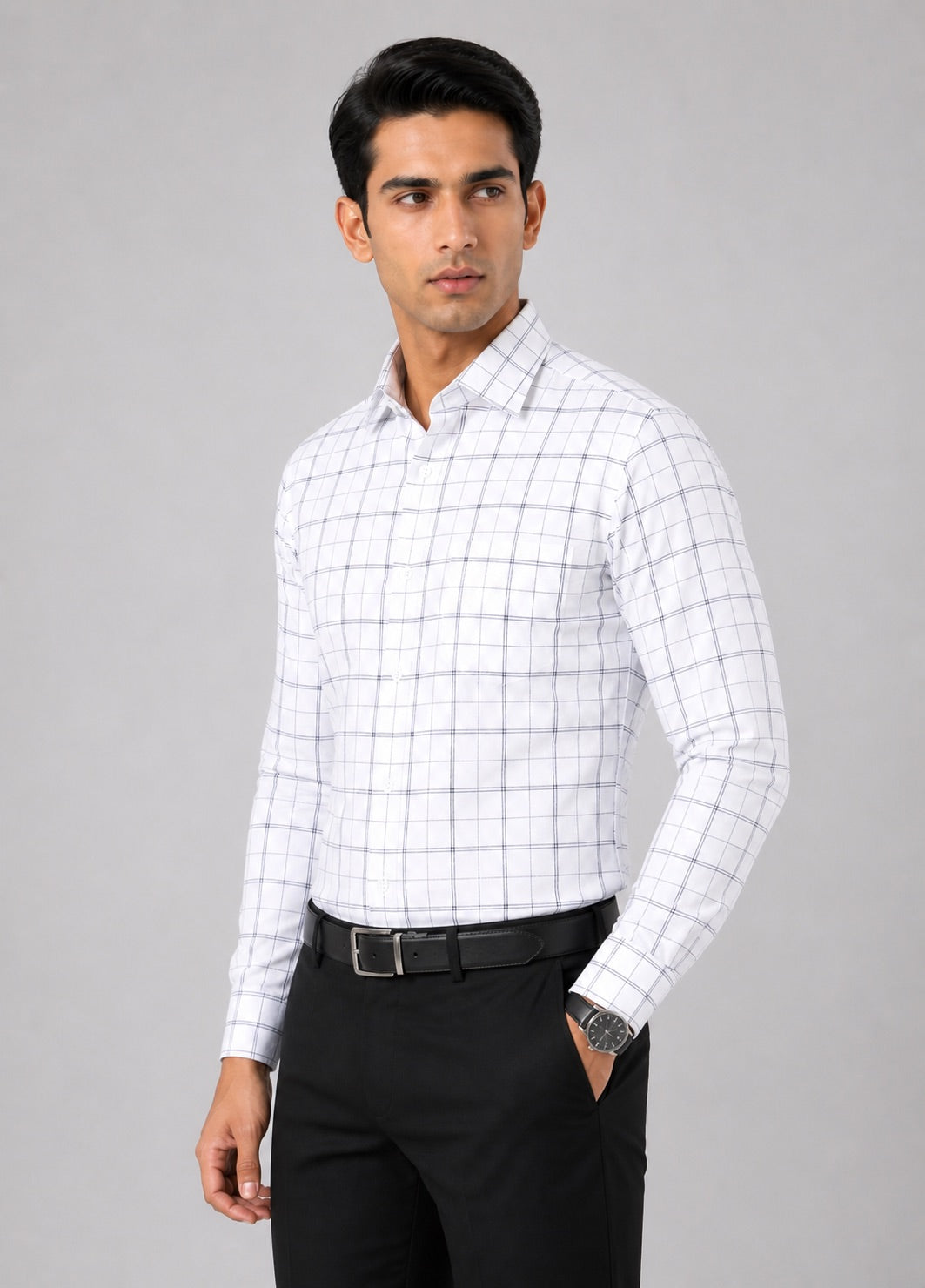 Men’s White Checkered 100% Cotton Slim Fit Formal Shirt | MARK & ALBERT