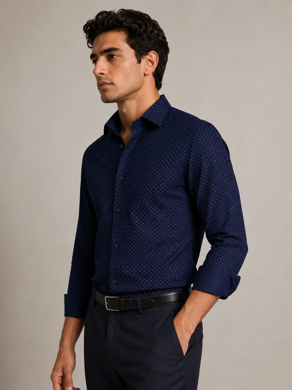 Men's Navy Blue 100% Cotton Dot Print Slim Fit Formal Shirt | MARK & ALBERT