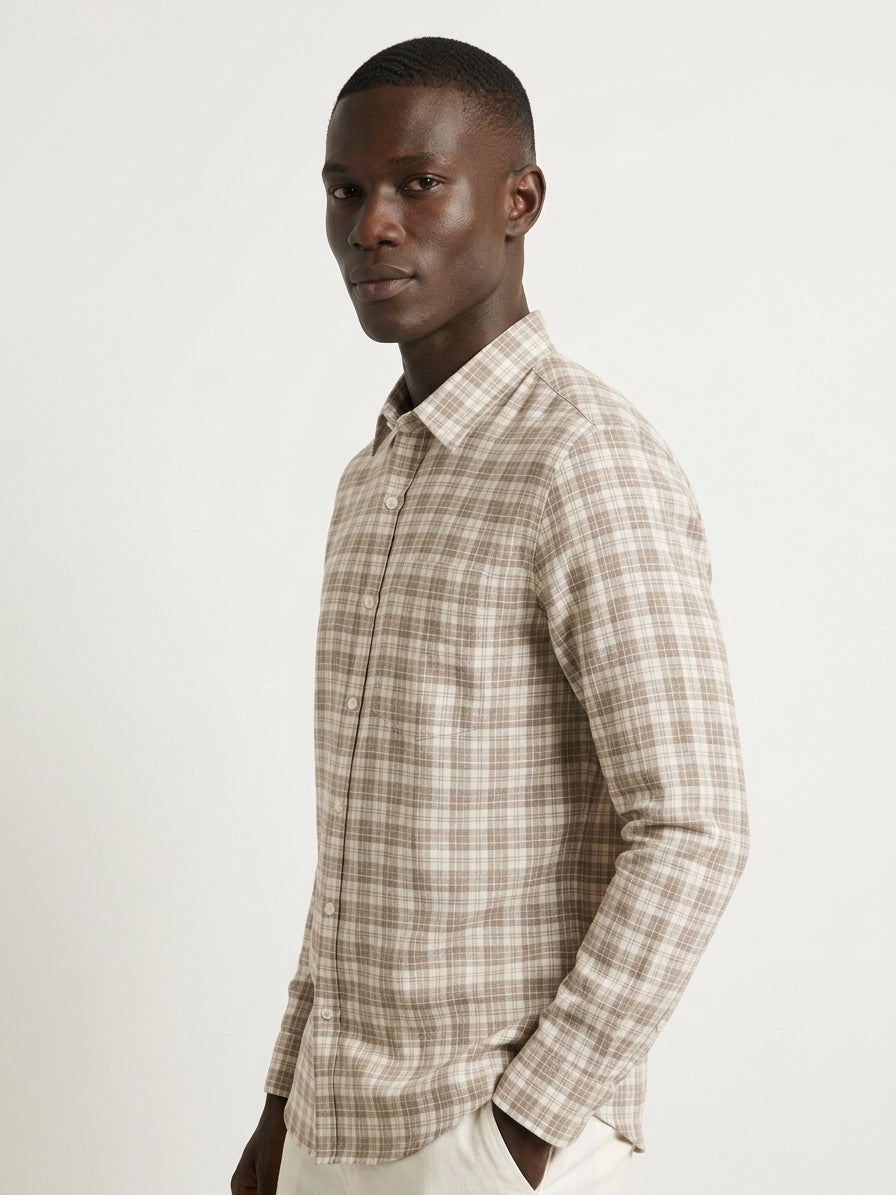 Brown Checks Cotton Linen Slim Fit Casual Shirt