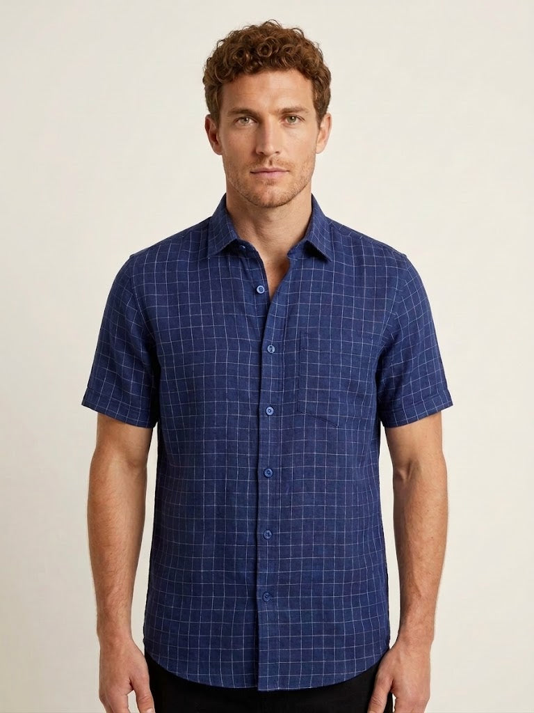 Navy Cotton Linen Regular Fit Half Sleeve Shirt