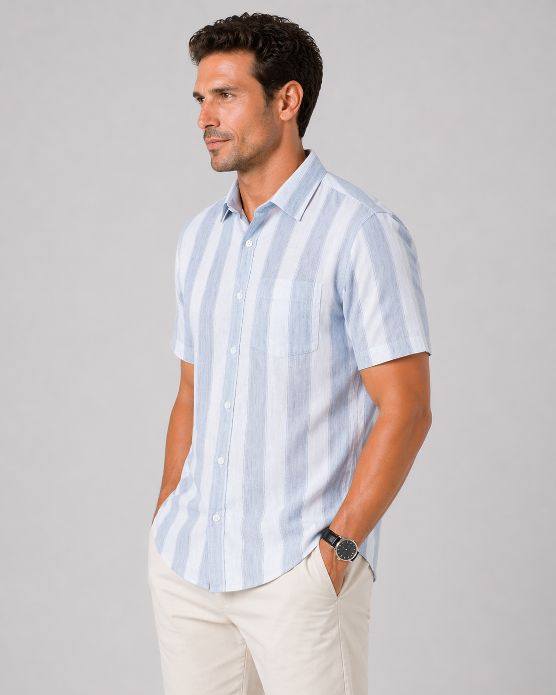 Men’s Grey Striped Linen Cotton Slim Fit Half Sleeve Semi Casual Shirt | MARK & ALBERT
