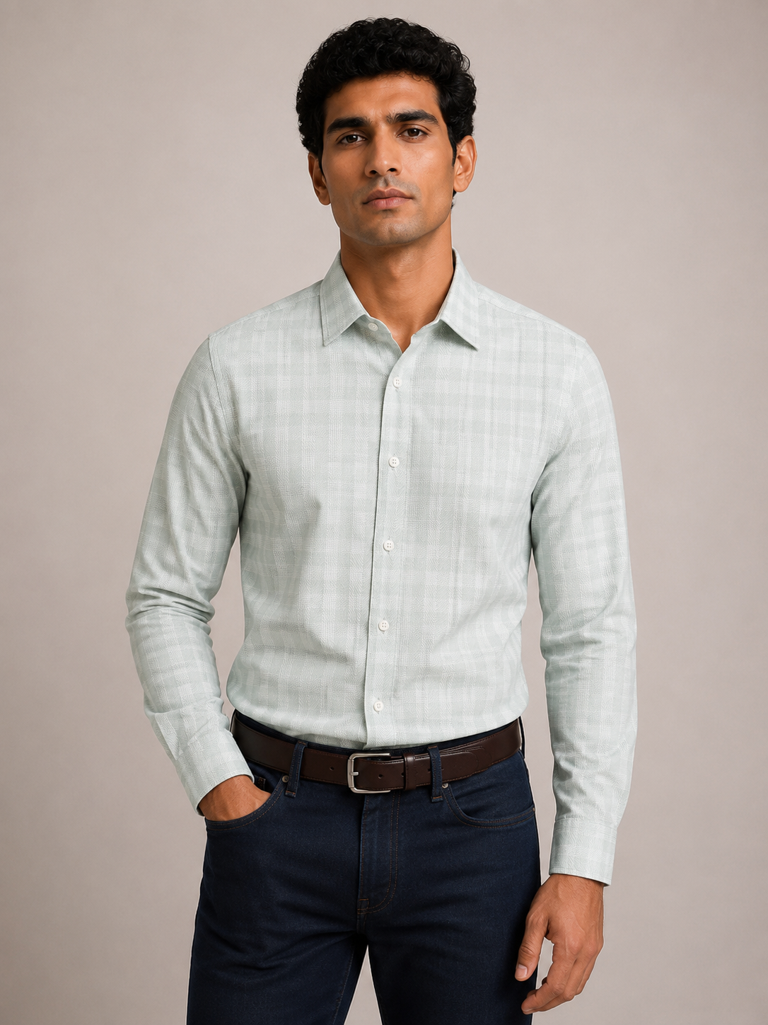 Men's Green Herringbone Check Slim Fit 100% Cotton Shirt | MARK & ALBERT
