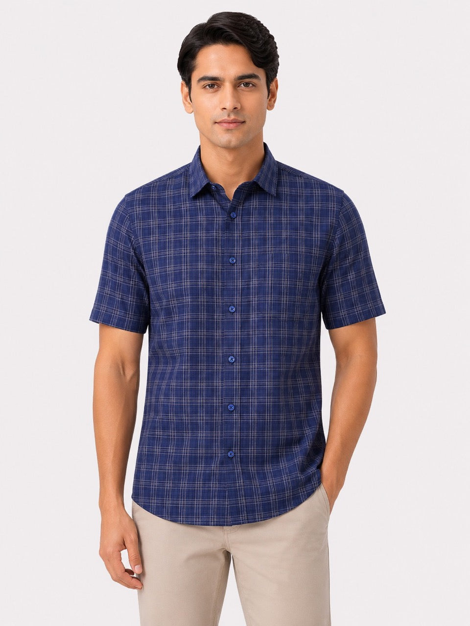 Men's Blue Check Cotton Regular Fit Half Sleeve Formal Shirt | MARK & ALBERT