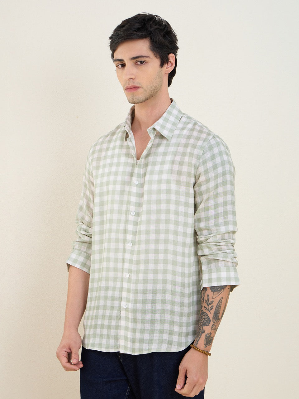 Men's Sage Green Pure Linen Gingham Check Slim Fit Casual Shirt | MARK & ALBERT