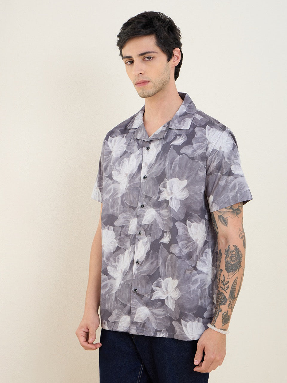 Men's Grey Floral Print 100% Cotton Cuban Collar Regular Fit Casual Shirt | MARK & ALBERT
