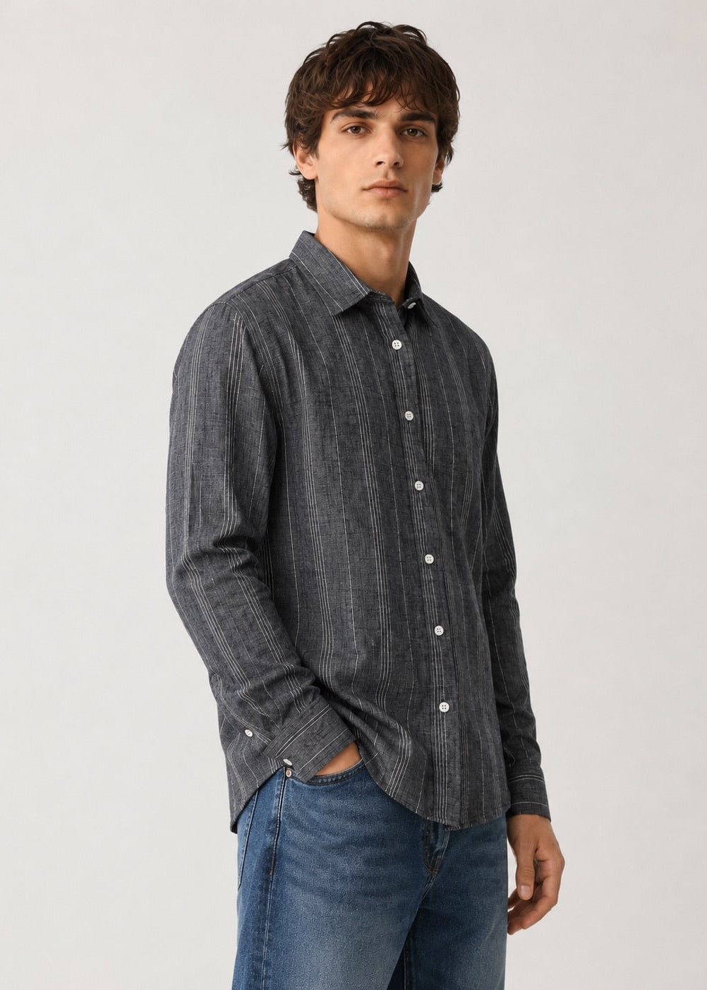 Men's Charcoal Grey Striped Cotton Linen Slim Fit Shirt | Mark & Albert