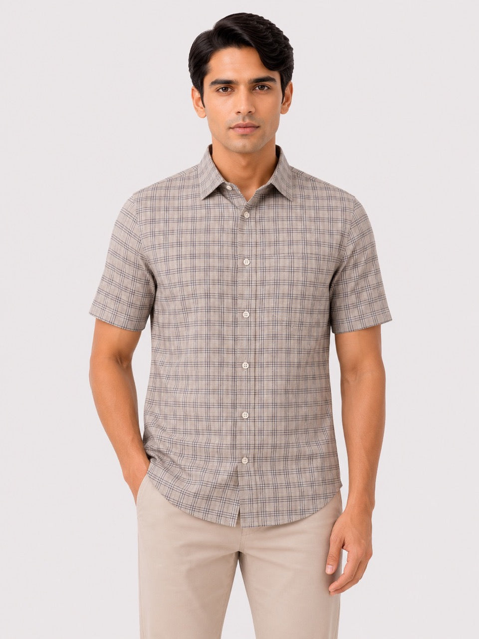 Men's Grey Check Cotton Regular Fit Half Sleeve Formal Shirt | MARK & ALBERT