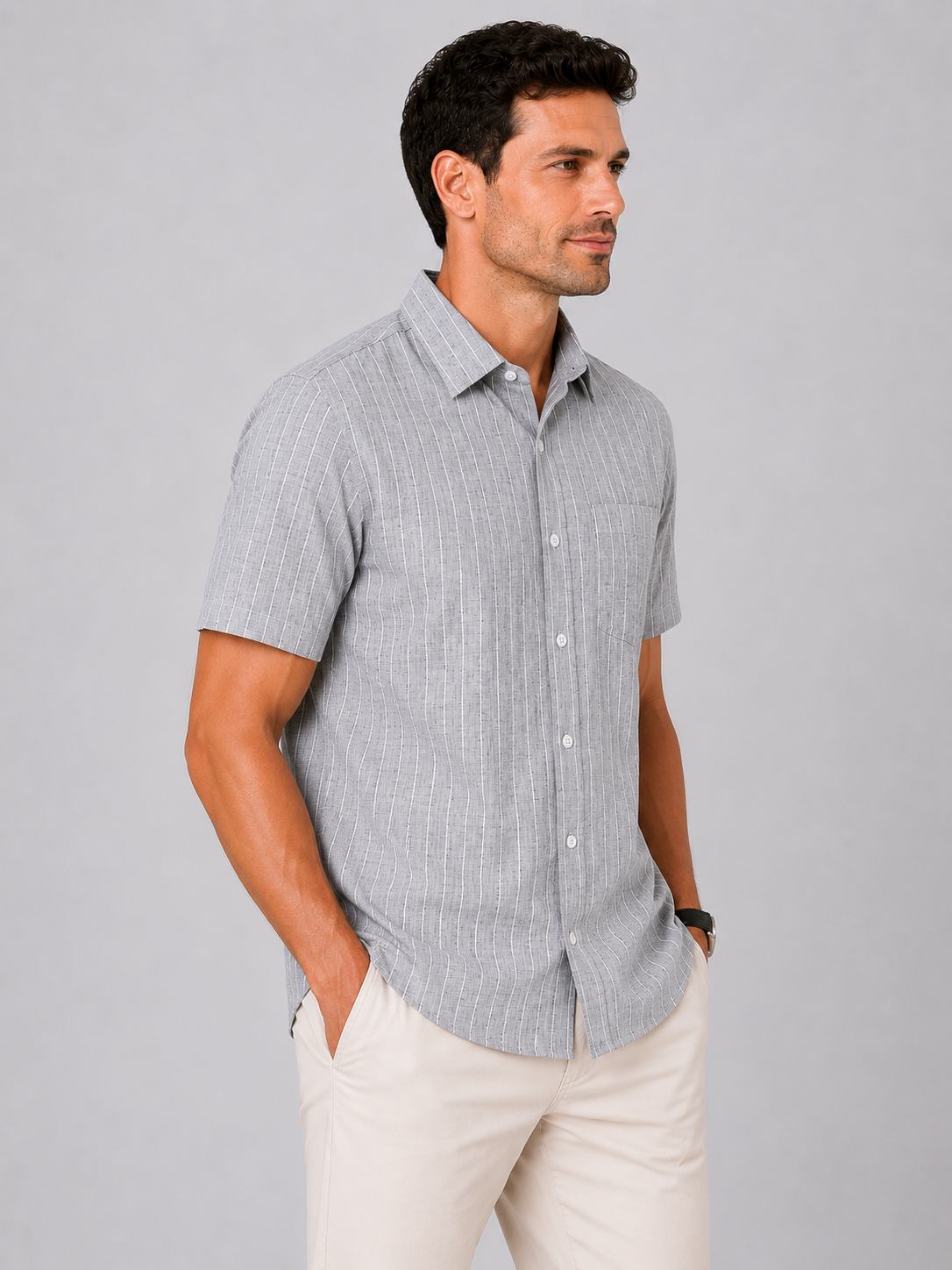 Men's Grey Striped Linen Cotton Blend Half Sleeve Formal Shirt | MARK & ALBERT