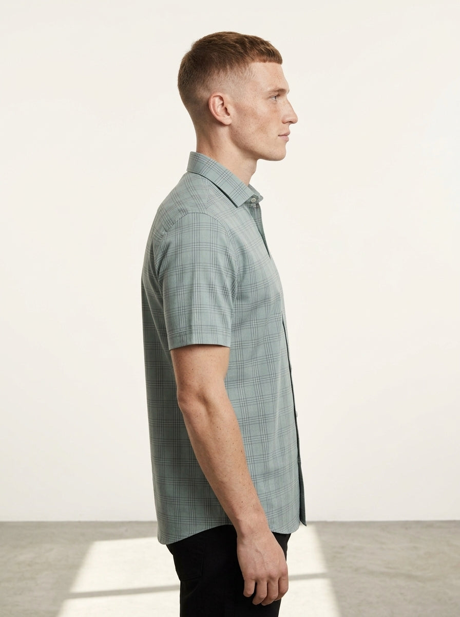 Green Check Cotton Blend Regular Fit Half Sleeve Shirt
