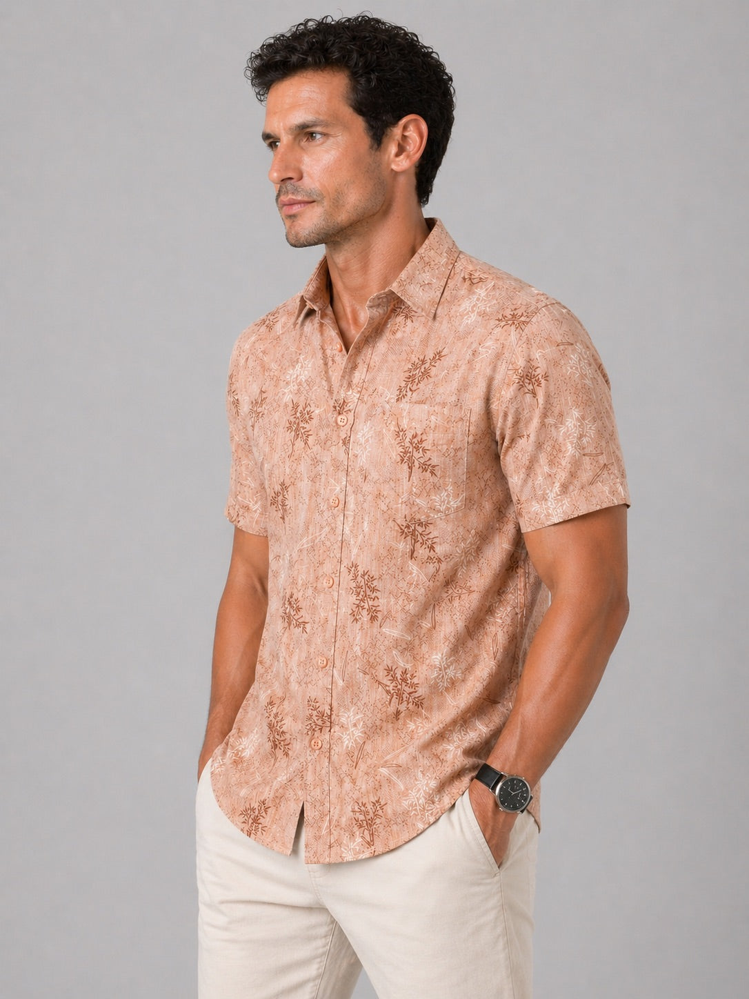 Men’s Peach Printed Cotton Linen Slim Fit Half Sleeve Casual Shirt | MARK & ALBERT