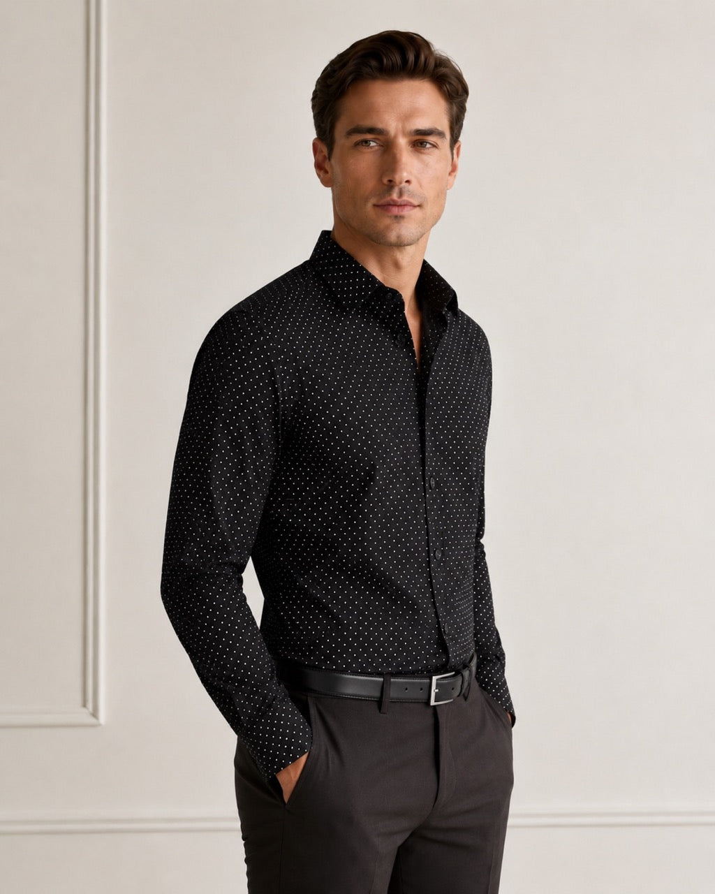 Men's Black 100% Cotton Dot Print Slim Fit Formal Shirt | MARK & ALBERT