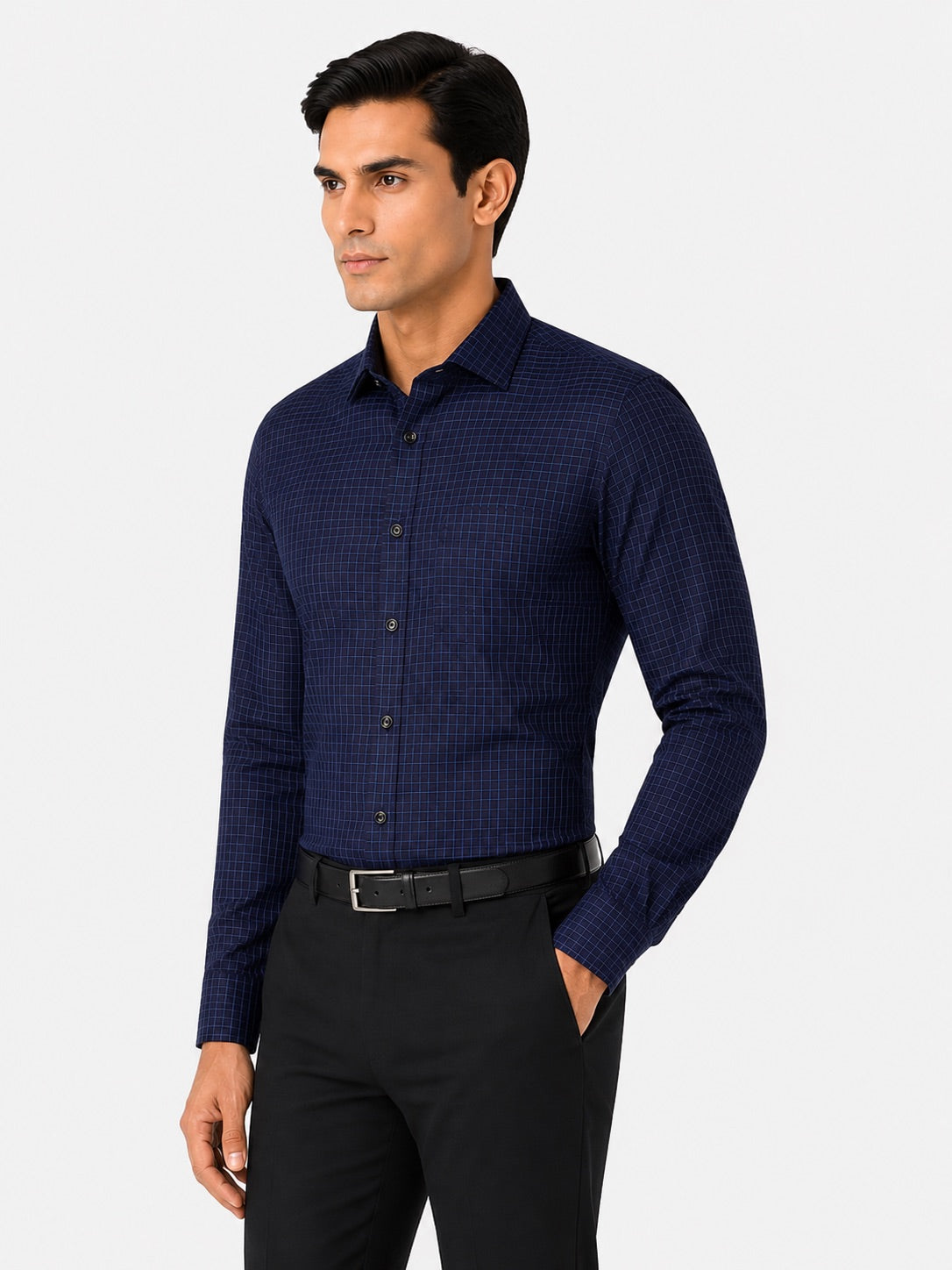 Men’s Navy Gingham Check 100% Cotton Slim Fit Formal Shirt | MARK & ALBERT