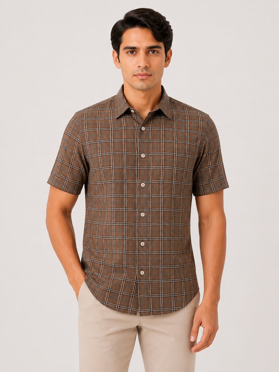 Men's Brown Checks Cotton Regular Fit Half Sleeve Formal Shirt |MARK & ALBERT