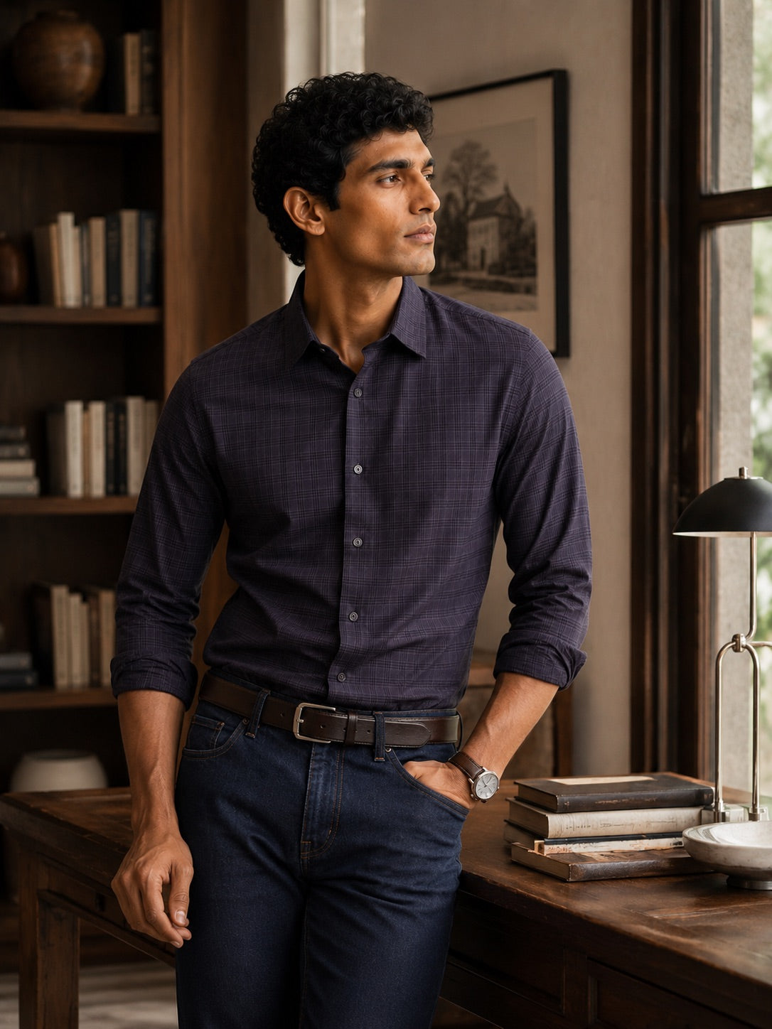 Men's Grey Checkered Slim Fit 100% Cotton Shirt | MARK & ALBERT