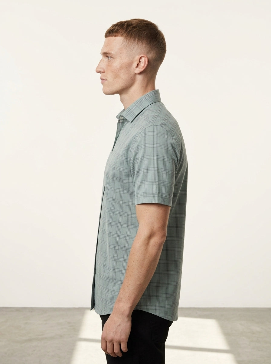 Green Check Cotton Blend Regular Fit Half Sleeve Shirt