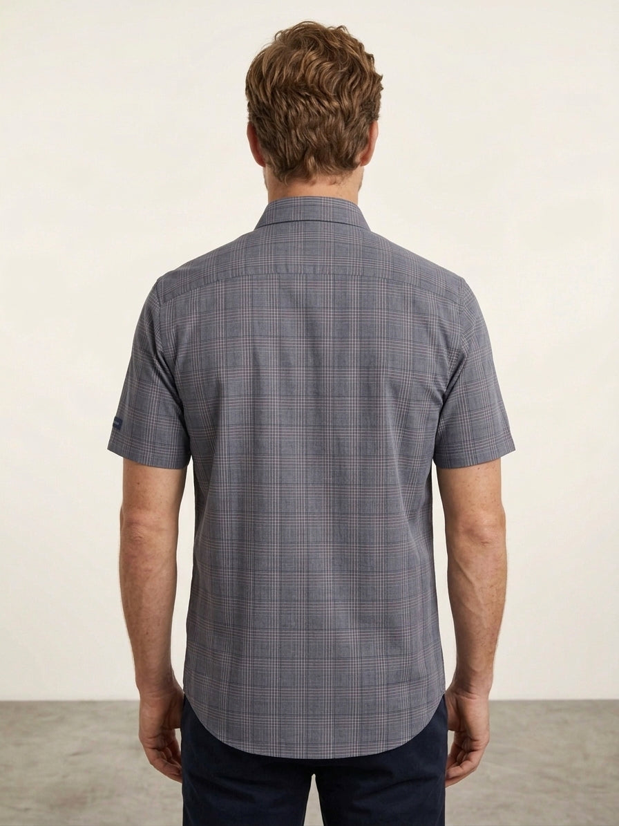 Blue Check Cotton Blend Regular Fit Half Sleeve Shirt