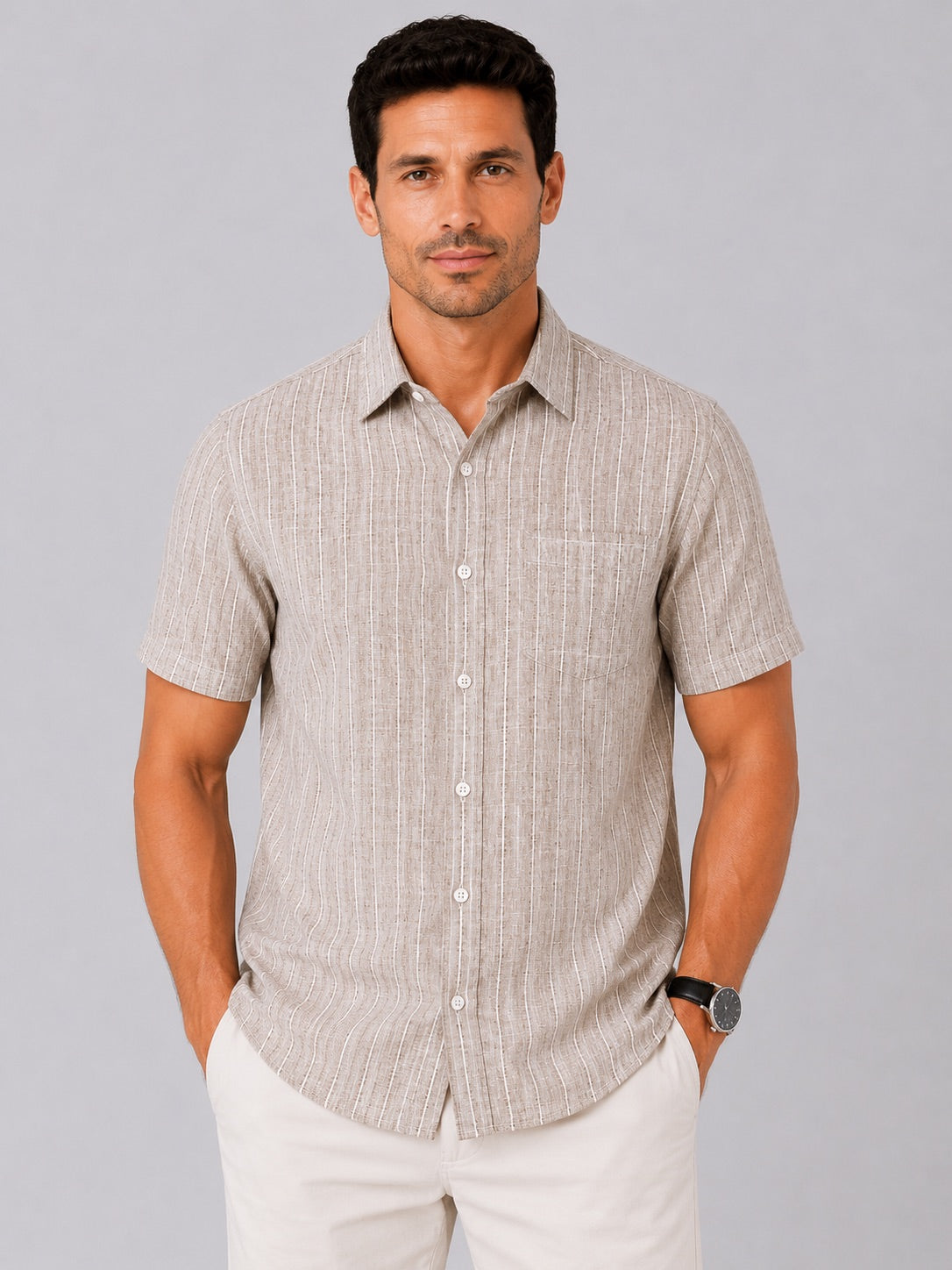 Men's Beige Striped Linen Cotton Blend Half Sleeve Formal Shirt | MARK & ALBERT