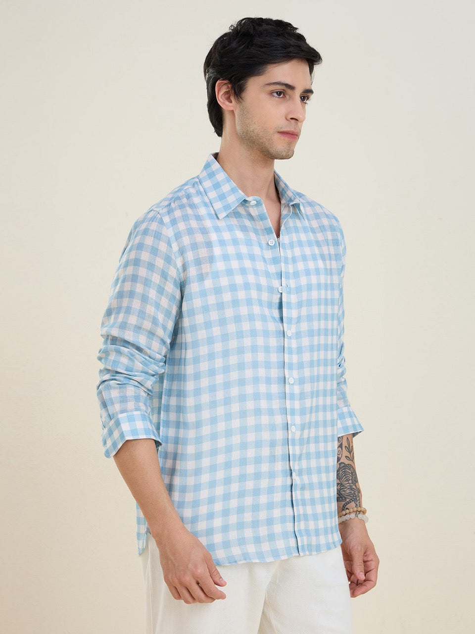 Men's Blue Pure Linen Gingham Check Slim Fit Casual Shirt | MARK & ALBERT