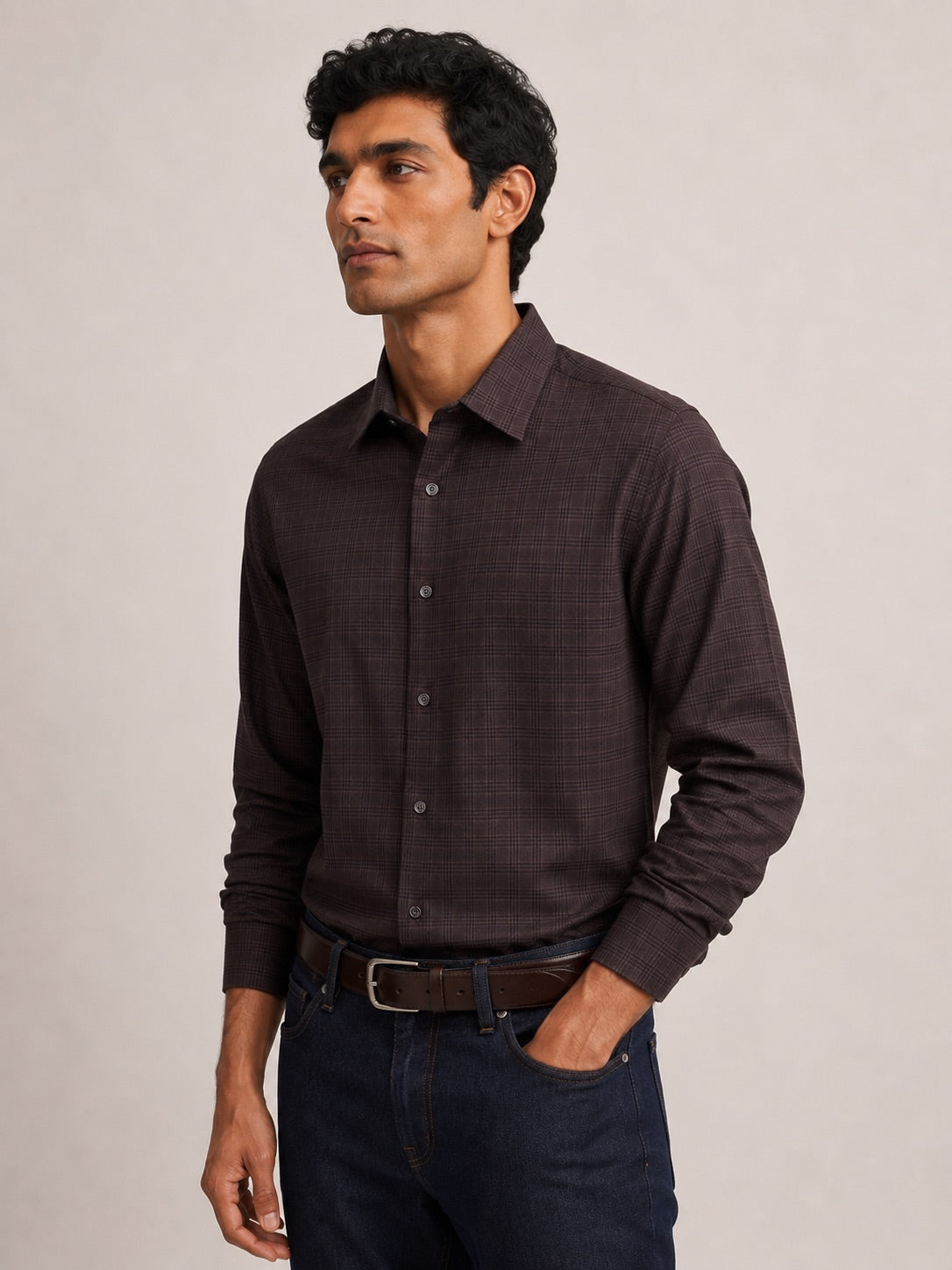 Men's Brown Checkered Slim Fit 100% Cotton Shirt | MARK & ALBERT
