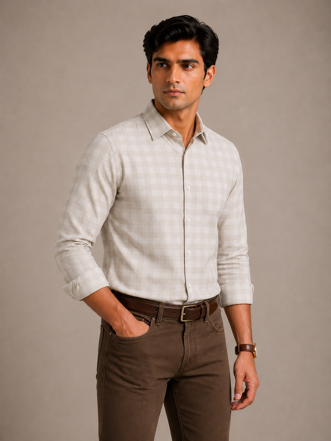 Men's Beige Herringbone Check Slim Fit 100% Cotton Shirt | MARK & ALBERT