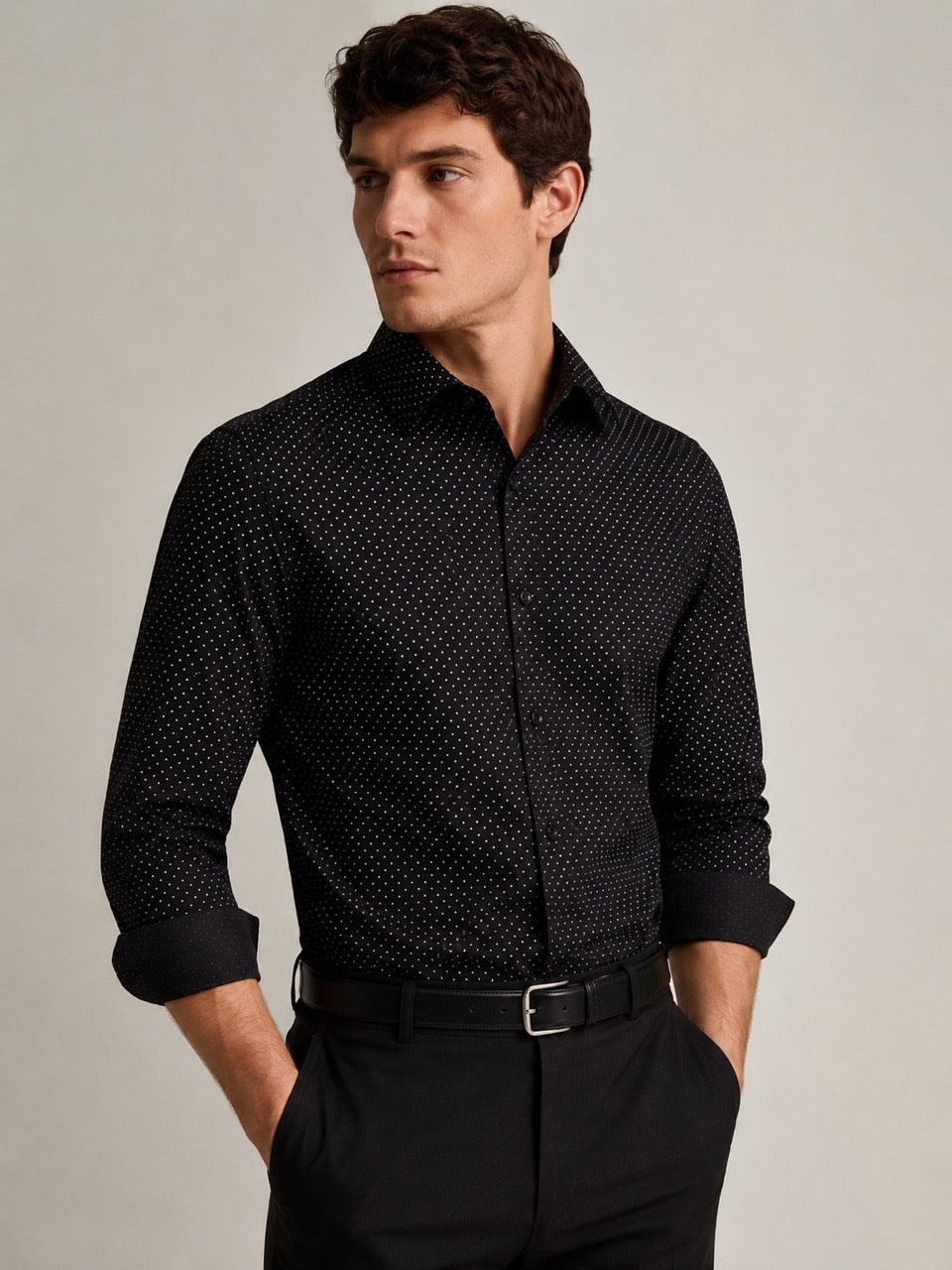 Men's Black 100% Cotton Dot Print Slim Fit Formal Shirt | MARK & ALBERT