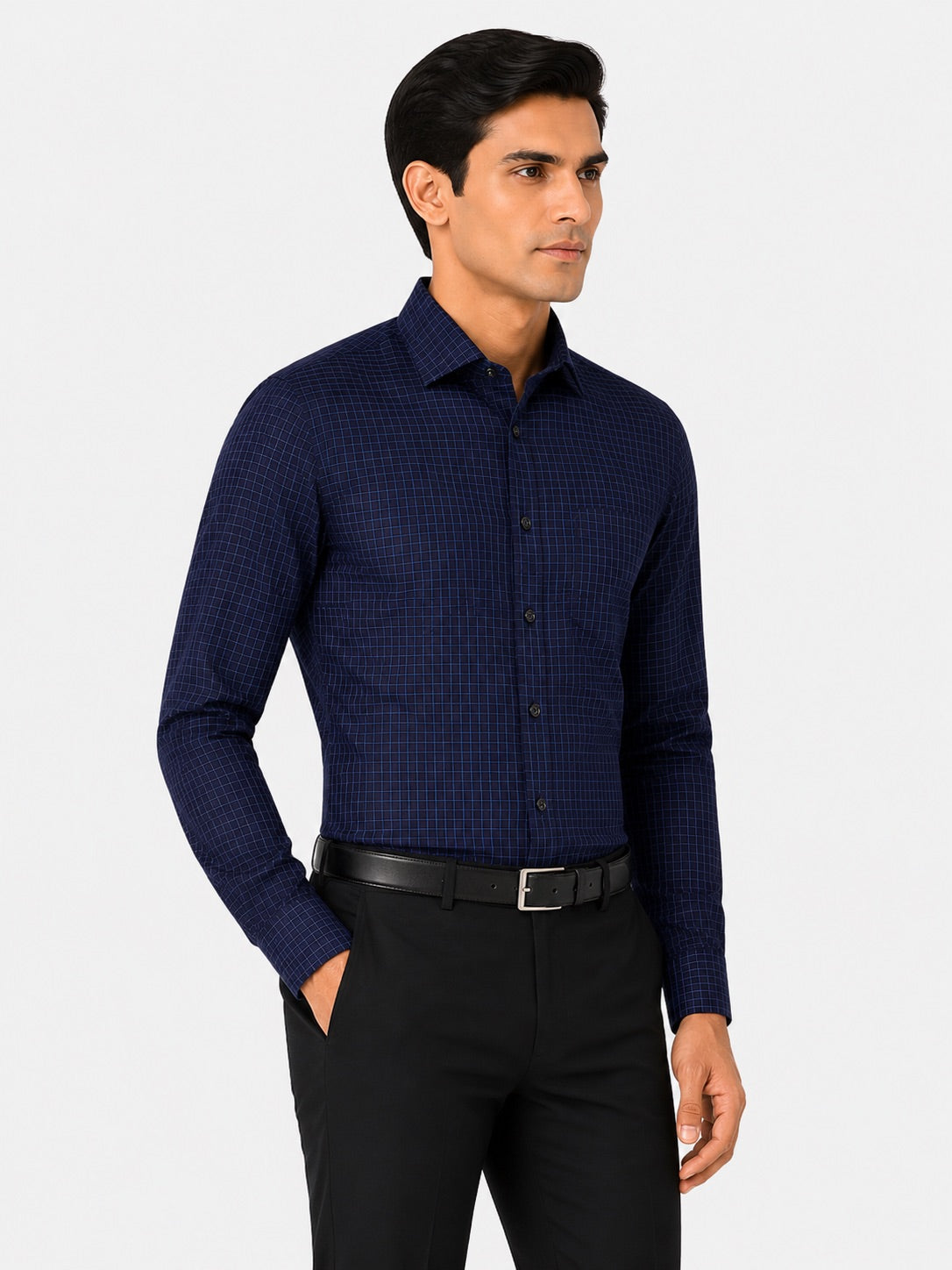 Men’s Navy Gingham Check 100% Cotton Slim Fit Formal Shirt | MARK & ALBERT